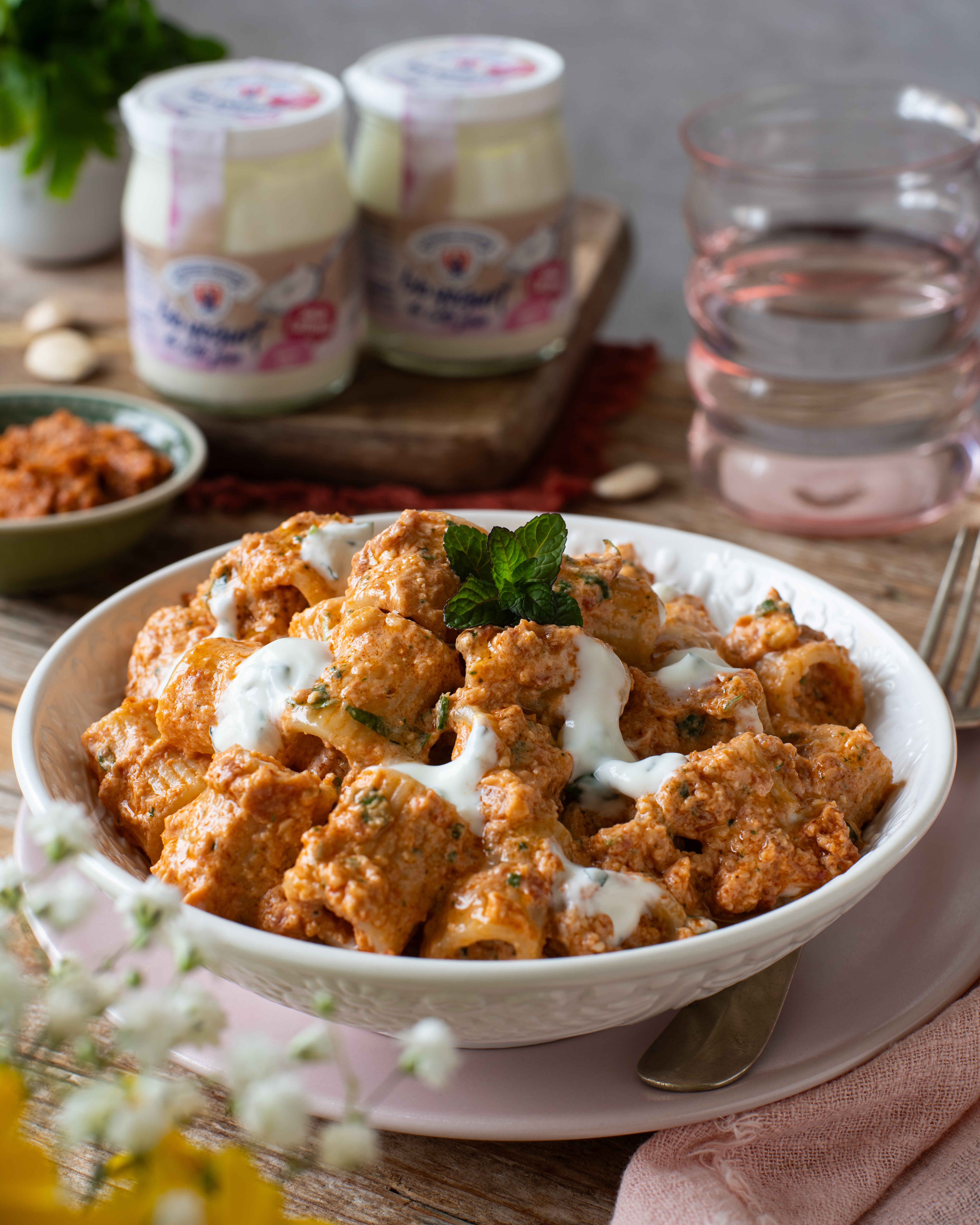 Teller mit Mezze Maniche Pasta in cremiger Pesto-Tomaten-Soße, garniert mit Joghurt und frischen Kräutern auf rustikalem Holztisch mit Joghurtgläsern und Blumen im Hintergrund