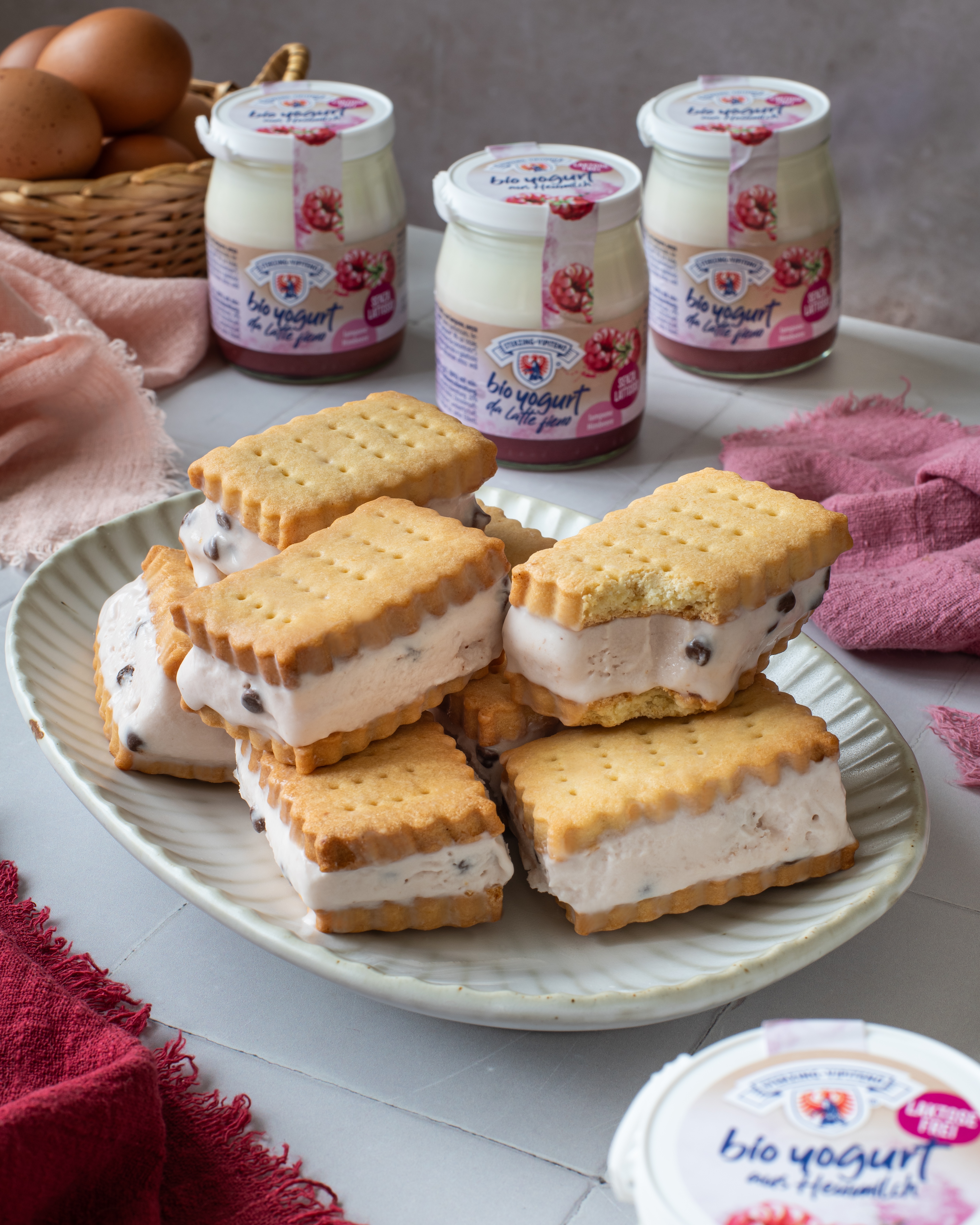 Mehrere eckige Eis-Sandwiches mit Joghurt-Eis und Schokoladentropfen auf einem weißen Teller