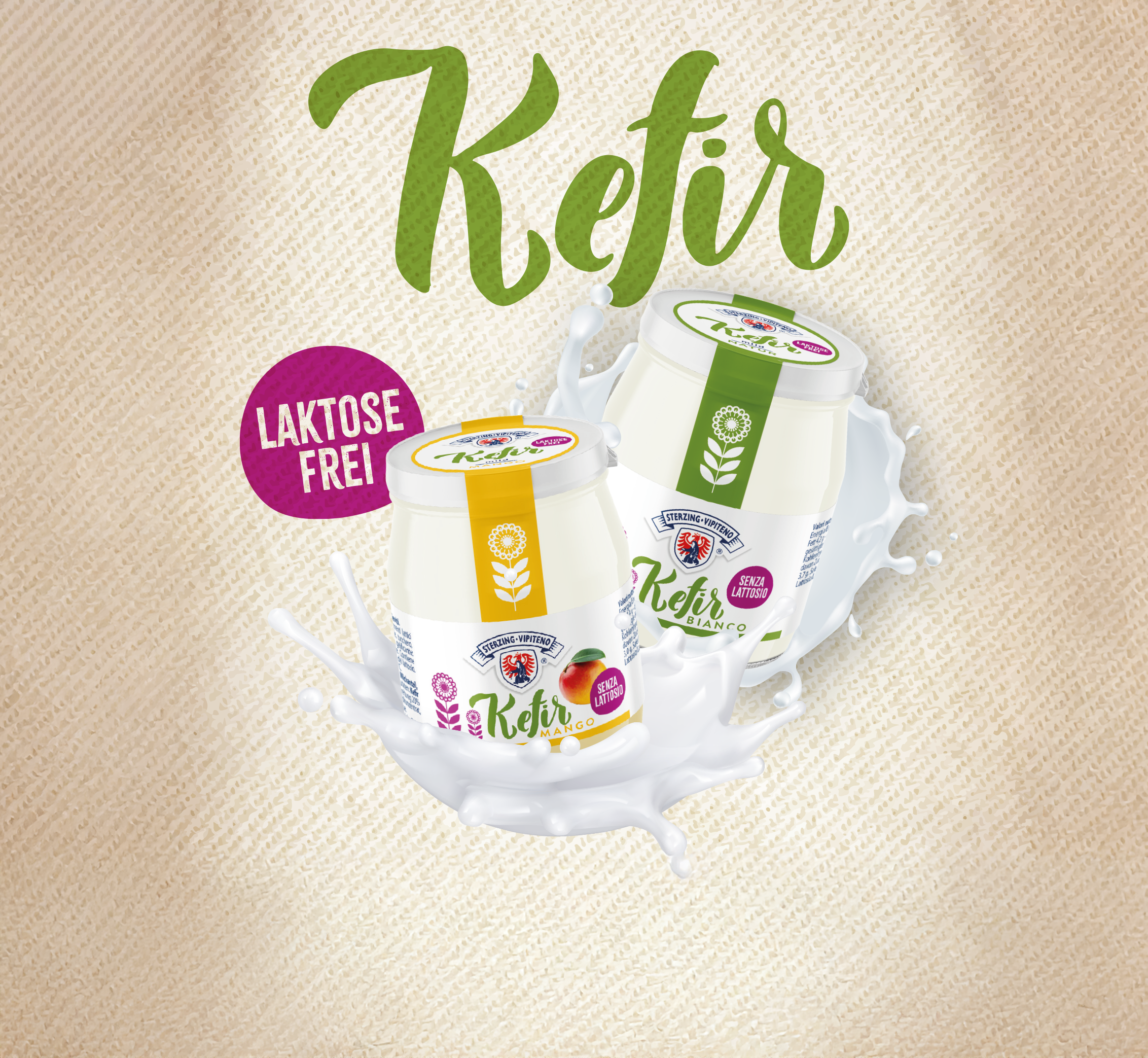 Produktgrafik mit zwei Gläsern Kefir von Milchhof Sterzing