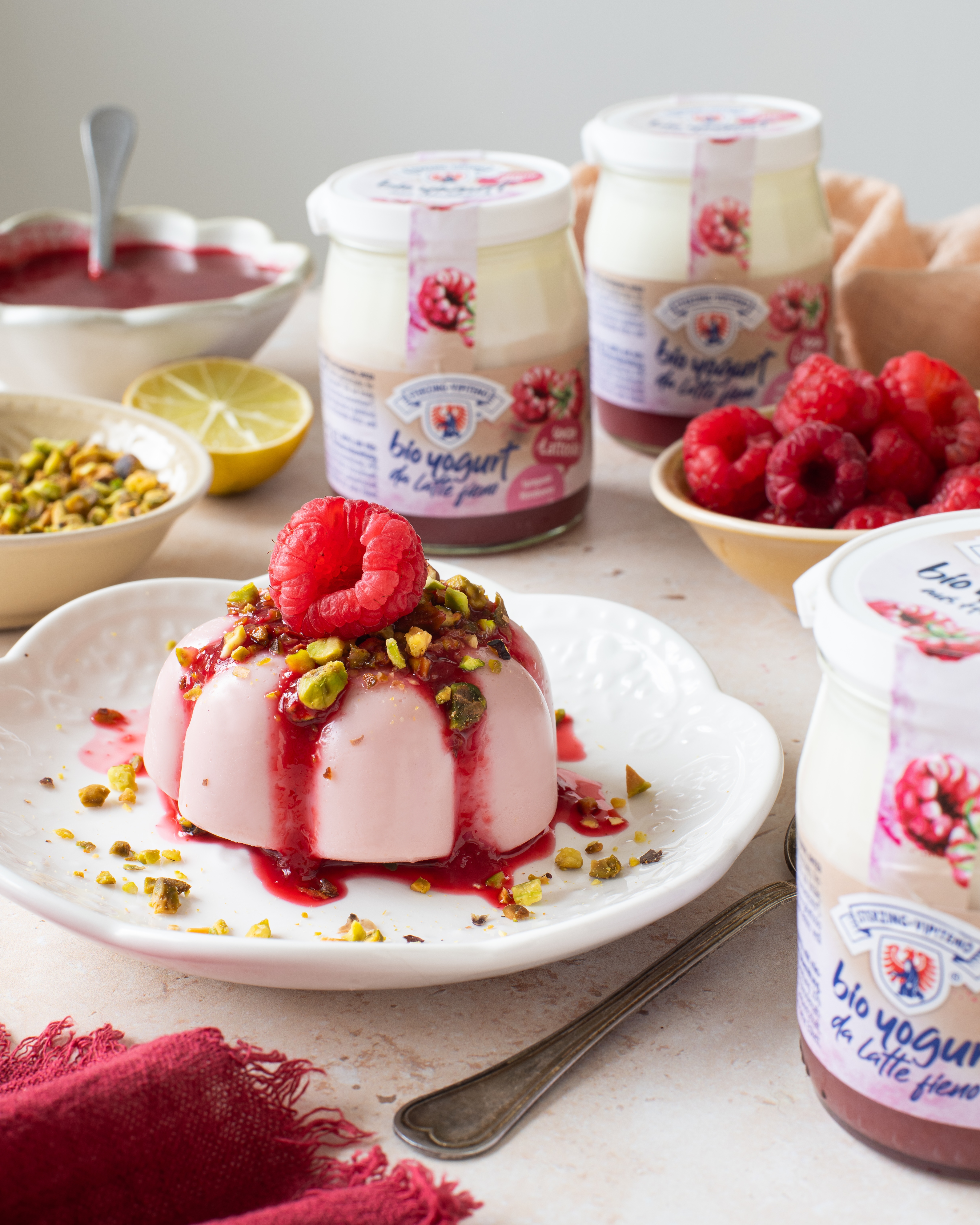 Zwei Joghurtpuddings mit Himbeersauce, Pistazienstückchen und frischen Himbeeren auf weißen Tellern, umgeben von Joghurtgläsern, einer Schale mit Himbeersauce und einer Schale mit Pistazien