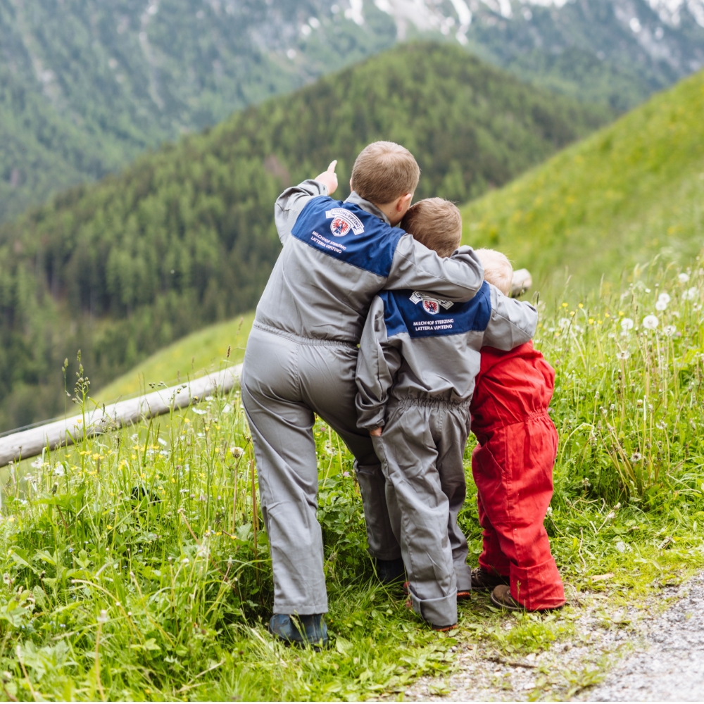 Drei Kinder in Arbeitskleidung stehen auf einer Almwiese und blicken auf ein alpines Bergpanorama